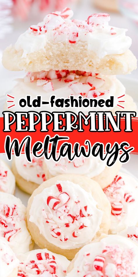 Candy Cane Biscuits, Peppermint Meltaways, Peppermint Cookie Recipe, Meltaway Cookies, Peppermint Recipes, Creamy Frosting, Peppermint Sugar Cookies, Candy Cane Cookies, Baking Items