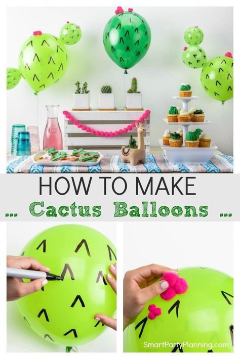 Fun and easy DIY cactus balloons that are perfect for summer or Mexican fiesta party decor. They make the perfect centerpiece or help to make a party table backdrop. Kids will fall in love with these cactus balloons and will delight in making them for their party. Cactus Balloon, Fest Temaer, Mexican Birthday Parties, Mexican Fiesta Party, Fiesta Birthday Party, Mexican Birthday, Fiesta Party Decorations, Fiesta Theme Party, Cactus Party