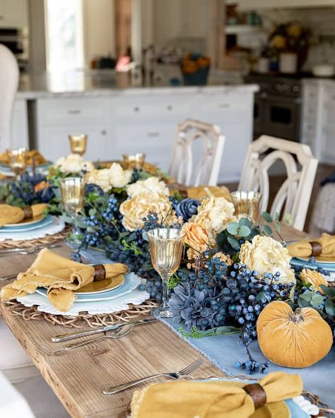 Thanksgiving Table Decor close up of centerpiece Thanksgiving Table Settings Blue And Orange, Thanksgiving Blue Decor, Turquoise Thanksgiving Table, Thanksgiving Blue Table Settings, Blue Green Orange Fall Decor, Blue Willow Thanksgiving Table, Fall Decor Ideas For The Home Blue, Blue And Brown Table Setting, Coastal Thanksgiving Table Settings