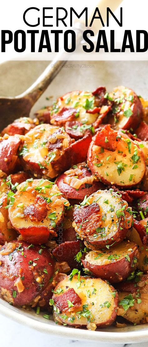 German Potato Salad - Carlsbad Cravings Mash Potato Recipes Thanksgiving, Bar Bq Side Dishes, Sides For Cookout, Hungry Happens Recipes, Best German Potato Salad, American Potato Salad, Bacon Vinaigrette, German Potato Salad Recipe, German Food Authentic