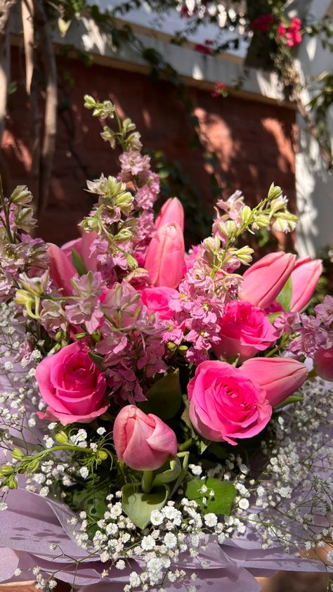 Roses And Tulips Bouquet, Tulip And Rose Bouquet, Pink Tulips Arrangement, Pink Tulip Bouquet, Pink Tulips Bouquet, Prom Flowers Bouquet, Roses And Tulips, Tulips Pink, Wedding March