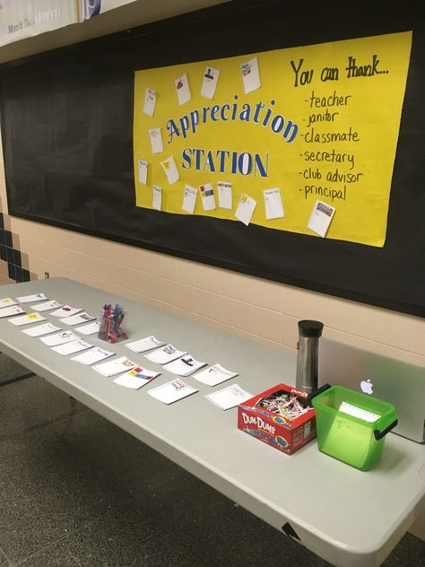 Blog post on how to create an appreciation station at your school. Students and faculty write thank-you notes which are posted on the bulletin board for everyone to see. Great idea for PBIS! Hosa Week Ideas, Student Recognition Ideas High School, Communities In Schools Ideas, Hosa Activities, Student Council Activities, Appreciation Station, Counselor Appreciation, Teacher Morale, Staff Appreciation Week