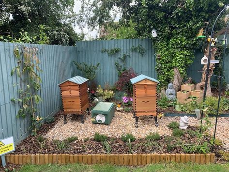 Flow® Hive on Instagram: “We love Julie's sweet apiary 😍 Julie shared, "I’ve successfully moved my bees that I overwintered in a National hive to my Flow and…” Bee Garden Design, Bee Hive Stand, Painted Bee Hives, Backyard Beehive, Honey Bees Keeping, Hive Stand, Flow Hive, Beehive Design, Backyard Bee