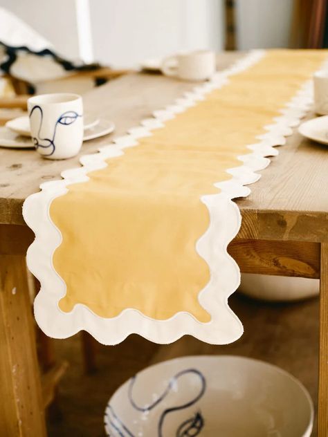 Table Runners | Business & Pleasure Co. Table Runner Aesthetic, Cheap Centerpieces, Business And Pleasure, 10 Year Plan, Spring Table Runner, Scallop Border, Dining Room Table Centerpieces, Striped Tablecloths, Party Tablescapes