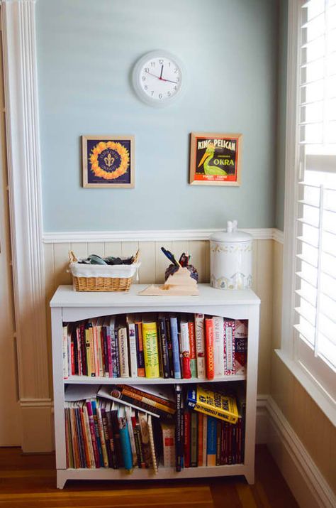 Cute vintage bookcase for cookbook storage Cookbook Shelf In Kitchen, Kitchen Cookbook Display, Kitchen Cookbook Storage, Cookbook Display, Cookbook Organization, Cookbook Storage, Lauren Scott, Cookbook Shelf, Petaluma California