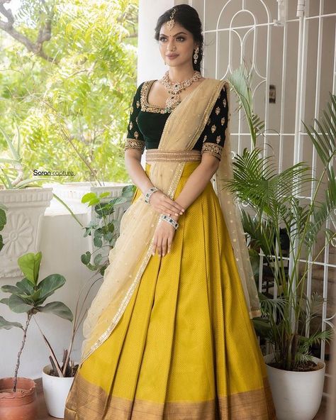 Silk Chaniya Choli Designs Weddings, Chaniya Choli From Old Silk Saree, Golden Skirt Outfit Indian, South Indian Lehenga Half Saree, Pattu Pavadai Designs Women, Half Saree Wedding, Half Saree Designs South Indian, Yellow Half Saree, South Indian Lehenga