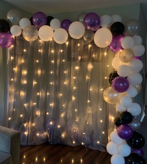 Purple Black And White Birthday Party Decorations, Purple White Party Decorations, Purple Pink And Black Birthday Party, Pink Purple Black Party Decor, White And Purple Decorations Party, Purple And White Decorations Birthday, Purple And Black Themed Party, Purple Black White Birthday Decor, Black And Purple Decorations