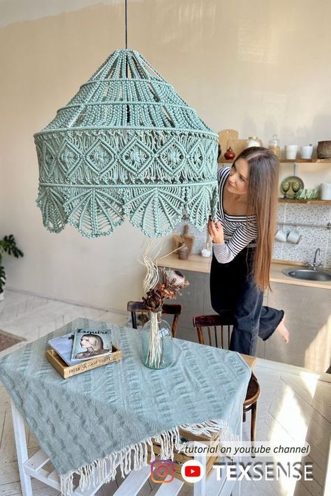 Hi dears!😍 If you want to change something in your interior, but don't know what - make a chandelier with your own hands! 😉 Thanks to this step by step tutorial you will be able to make an exclusive lampshade for your home! Tutorial on my YouTube channel TEXSENSE 🎥 #macrame #chandelier #lampshade #lamp #diymacrame #diychandelier #homedecor #bohodesign #lamp #bohointerior #kitchen #ikea #cozy #mint #bluedesign #tiffanycolorinterior #homedecorblue Make A Chandelier, Lampshade Tutorial, Macrame Lampshade, Diy Macrame Projects, Crochet Lampshade, Home Decor Macrame, How To Make A Chandelier, Macrame Light, Chandelier Lampshade