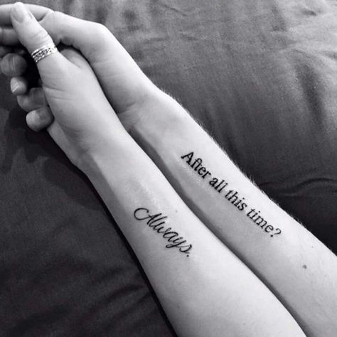 <strong>If you both are die hard Harry Potter fans.</strong> Literary Tattoos, Harry Potter Quotes Tattoo, Harry Potter Couples, Couple Tattoos Love, Partner Tattoos, Hp Tattoo, Cute Couple Tattoos, Tattoos Infinity, Couples Tattoo Designs