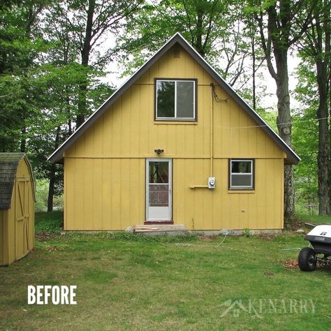 Wow! This little cabin was in desperate need of an extreme cottage makeover! I love seeing all the before/after photos as well as a video tour showing how this little home on a river has been transformed. Log Cabin Makeover Before And After, Diy Cabin Makeover, Cottage Remodel Before And After, Simple Cottage Exterior, Old Cottage Interior Rustic, Cabin Update Ideas, Log Cabin Update Renovation, Cottage Lake House Exterior, Small Cabin Renovation