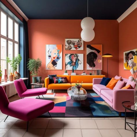 Beautiful Interior of modern living room with peach walls, orange sofa and pink armchairs, big windows. Luxury interior design of. Illustration about apartment, pillow - 280966377 Blue Orange And Pink Living Room, Pop Of Orange Living Room, Orange And Pink Living Room, Purple And Orange Living Room, Orange Sofa Living Room Ideas, Sunset Living Room, Living Room Designs Modern Luxury, Orange Lounge, Orange Living Room