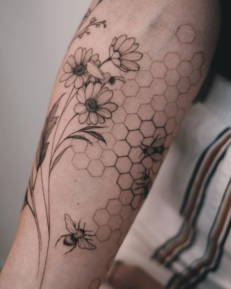 Such a lovely half-sleeve for a guest from Germany! Thank you for your trust 🙏🏻 #flowertattoo #beetattoo | Instagram Floral With Bee Tattoo, Bicep Sleeve Tattoos For Women, Bumble Bee And Daisy Tattoo, Calf Women Tattoo, Beehive Tattoo Sleeve, Wildflower Bee Tattoo, Floral Honeycomb Tattoo Sleeve, Flower And Bees Tattoo, Insect And Flower Tattoo