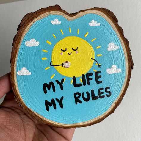 Coaster painting Wooden Slice Coasters, Diy Painted Coasters Wood, Wood Coaster Painting Ideas, Wooden Slice Art, Cute Coasters Painting, Painting Wooden Coasters, Diy Coasters Painting, Wooden Circle Painting Ideas, Coaster Painting Ideas Easy