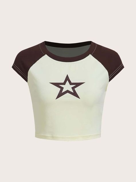 Y2k School Outfits, Denim Top Women, Y2k Shirts, Star Clothing, Brown Shirt, Shirt Png, Star Top, Women T Shirts, Print Tee