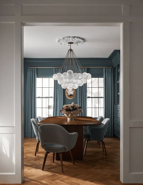 Blue Modern Dining Room, Dunbar Road Design, Tall Ceiling Dining Room, Blue Dining Room Wallpaper, Blue And Green Dining Room, Light Blue Dining Room, Blue Dining Room Ideas, Green Dining Rooms, Modern Victorian Dining Room