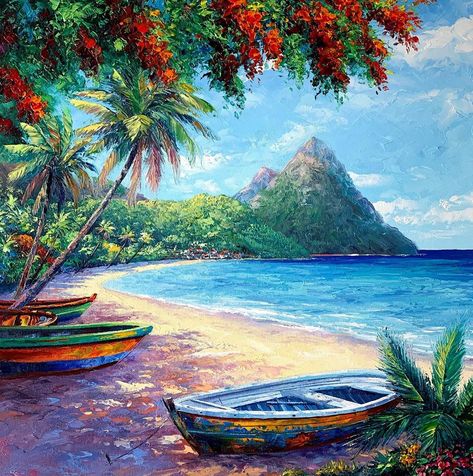 Caribbean Landscape Painting, Tropical Paradise Painting, Guam Paintings, Tropical Island Painting, Summer Art Paintings, Boat Painting Acrylic, Seascape Paintings Acrylic, Island Painting, Oil Pastel Landscape