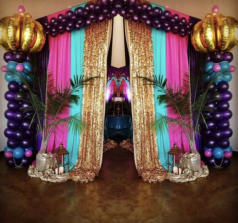 Lara's Arabian Nights Party | CatchMyParty.com Aladdin Party Decorations, Aladdin Quinceanera Theme, Arabian Theme Party, Arabian Nights Prom, Arabian Nights Theme Party, Moroccan Theme Party, Princess Jasmine Party, Arabian Party, Arabian Theme