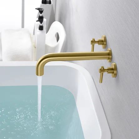sumerain S2134XI High Flow Rate Extra Long Spout Double Handle Wall Mounted | Wayfair Wall Mounted Tub Filler, Wall Mount Tub Filler, Freestanding Bathtub Faucet, Wall Mount Tub Faucet, Wall Faucet, Roman Tub Faucets, Roman Tub, Interior Design Themes, Tub Spout