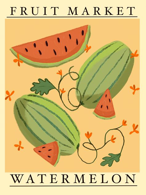 Watermelon Illustration Art, Fruit Salad Illustration, Watermelon Illustration Cute, Watermelon Art Illustrations, Watermelon Draw, Watermelon Paintings, A6 Bujo, Watermelon Poster, Fruit Market Poster