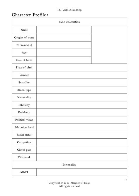 Character profile template pdf download on The Will-o'-the-Wisp Shifting Profile Template, Characters Profile Template, Character Bio Template Writing, How To Write A Character Profile, Shifting Template Script, Scripting Template Shifting, Character Template Sheet, Character Profile Template Writing, Script Templates For Shifting