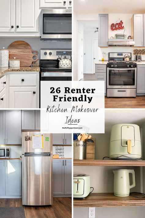 Spice up your kitchen with style and functionality with these quick and easy DIY renter-friendly kitchen makeover ideas that are completely reversible. #kitchenmakeover #renterfriendlykitchenupdates #kitchenapartment Renter Friendly House Decor, Renters Kitchen Ideas, Ugly Kitchen Decorating Ideas, Renter Friendly Dining Room, Rental Countertop Makeover, Small Kitchen Theme Ideas, Ugly Apartment Makeover, Rental Friendly Accent Wall, Renter Friendly Patio Ideas