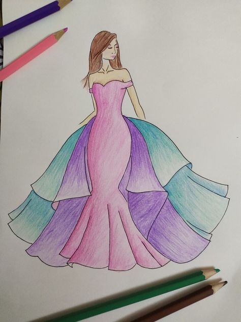 A fresh and colourful pencil art gown fashion design sketch. Croquis, Fashion Drawing Easy, Gowns Drawing Sketches, Gown Sketches Design Pencil, Fashion Design Sketches For Beginners Dresses, Pencil Sketches Of Girls Dresses, Doll Dress Drawing, Gown Drawing Sketches Easy, Gown Sketches Design Easy