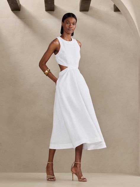 Banana Republic White Dress, A Line Linen Dress, Greece Yacht, White Linen Jumpsuit, Womens Linen Clothes, Cutout Midi Dress, White Linen Dress, White Linen Dresses, Linen Midi Dress