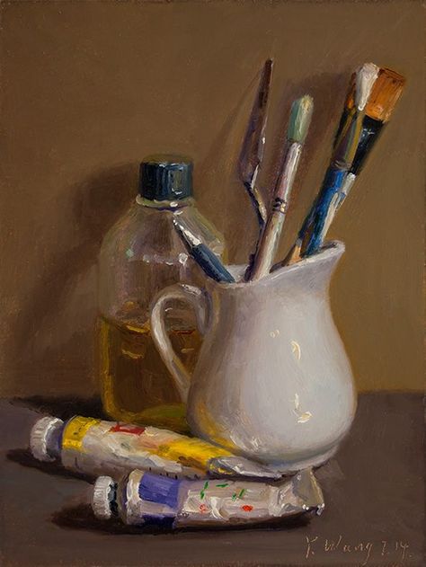 Wang Fine Art: still life  with paint and brushes, small painting... Expressive Still Life Painting, Photo Realism Painting, Still Life Painting Aesthetic, Cool Still Life Drawings, Painted Still Life, Acrylic Paint Still Life, Still Life Contemporary, Realism Acrylic Painting, Photos For Painting Reference