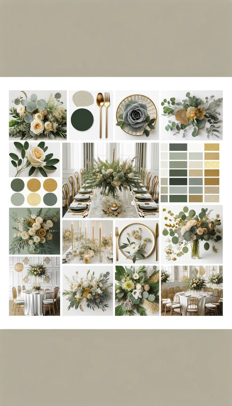 Elegant sage green and gold wedding decor, blending lush foliage with luxurious accents. #WeddingDecor Sage Green Wedding Theme Color Schemes, Emerald Green And Sage Wedding Decor, Army Green And Beige Wedding, Sage Gold Black Wedding, Green And Gold Vintage Wedding, Black And Sage Wedding Theme, Sage Black Gold Wedding, Sage Green Cream And Black Wedding, Sage Color Scheme Wedding