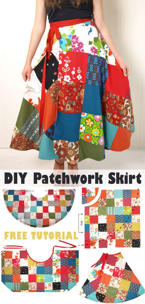 How To Make a Patchwork Skirt Couture, Patchwork, Wrap Skirt Tutorial Free Pattern, Patchwork Wrap Skirt, Easy Wrap Skirt Pattern, Beginner Skirt Sewing Pattern, Easy Diy Skirt, Diy Patchwork Skirt, Wrap Skirt Patterns Sewing