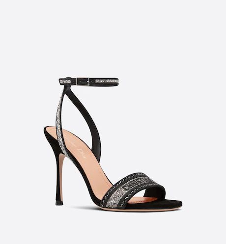 Dway Heeled Sandal Cotton Embroidered with Black Thread and Silver-Tone Strass | DIOR Christian Dior Heels, Dior Heels, Dior Sandals, Shoes Heels Classy, Chanel Perfume, Dior Shoes, Christian Dior Couture, Fancy Shoes, Dior Couture