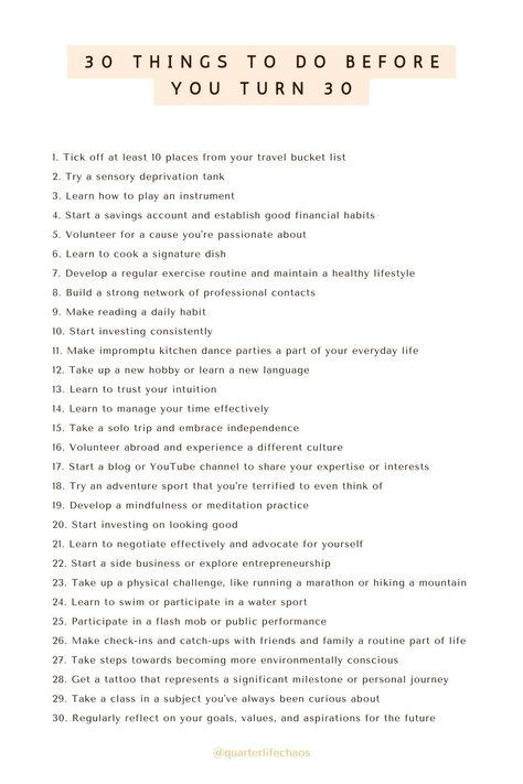 This list contains ideas for your personal bucket list of things you can do before you turn 30 Personal Items List, How To Improve Imagination, Get Out Of Comfort Zone Challenges, Traveling In Your 20s, Personal Growth Bucket List, Adulting To Do List, Tips For Your 20s, Skills To Learn In Your 20s List, Goals To Have In Your 20s