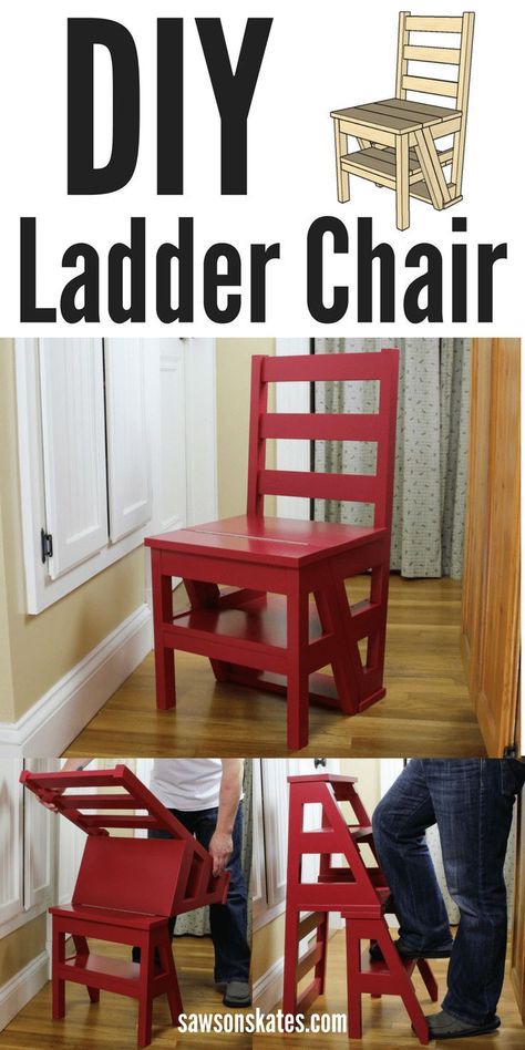 I'm always looking for ideas for small spaces and this one is genius! This DIY chair flips from being an extra seat to a step stool or ladder. Great for a kitchen to reach those upper cabinets. The best part is the plan is FREE! Ladder Chair, Koti Diy, Diy Ladder, Hemma Diy, Diy Casa, Ideas For Small Spaces, Diy Holz, Upper Cabinets, Diy Chair