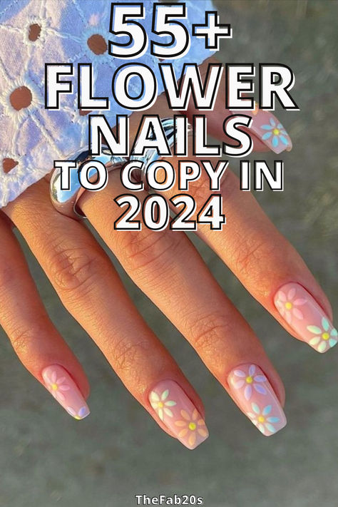 Flower Nails Flower Nails 2024 Trends, Cute Flower Designs For Nails, Nail Art Small Flowers, Nails Design With Stickers, Flower Nails Square Short, Short Nails Acrylic Flowers, Negative Space Flower Nails, Flower Tipped Nails, Nail Sticker Designs Ideas