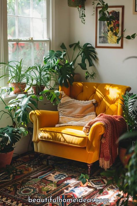 Reading Nook With Plants, Reading Nook Design, Library Corner Ideas, Moody Reading Corner, Small Reading Corner Bedrooms, Boho Reading Nook Cozy Corner, Armchair Reupholster, Reading Chair Aesthetic, Cozy Nook Bedroom