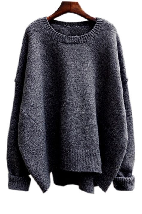 Solid Color High-Low-Hem Batwing Sleeves Sweater Cozy Oversized Sweaters, Sweaters Blue, Batwing Sleeve Sweater, Oversized Sweater Outfit, Loose Pullover Sweater, Pullover Outfit, Pull Oversize, Sweaters Black, Black Long Sleeve Sweater