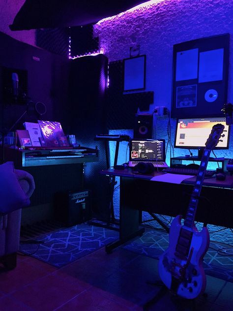 @shinyoficial's homestudio blue purpe neon light aesthetic music guitar studio recording Music Aesthetic Studio, Producing Studio Aesthetic, Neon Recording Studio, Music Studios Aesthetic, Guitar Recording Studio, Music Scene Aesthetic, Neon Music Studio, Music Recording Aesthetic, Music Production Studio Aesthetic