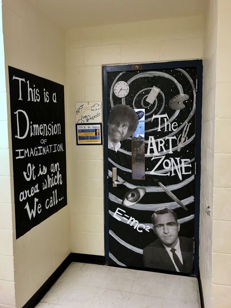 Inspired by another pin, I decorated my classroom door.  I added some original elements from The Twilight Zone tv show and artistic things like Bob Ross and art supplies. 😁 Twilight Zone Door, Art Room Door Decoration Ideas, Halloween Door Classroom, Art Classroom Door Ideas, Twilight Decorations, Art Teacher Door, Decorated Classrooms, Art Room Door, Art Classroom Door