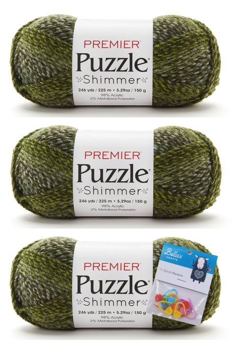 PRICES MAY VARY. Premier Puzzle Shimmer (Maze Shimmer) Yarn 3-Pack Bundle With Bella's Crafts Stitch Markers 98% Acrylic, 2% Metalized Polyester Each skein 150g/5.29oz – 225m/246yds Bulky weight #5 Crochet gauge: 14 sc and 15 rows = 4" (10cm), US Size J-10 (6 mm) Knit gauge: 15 sts and 20 rows = 4" (10cm), US Size 10 (6 mm) Machine wash, warm. Lay flat to dry. Made in Turkey The newest addition to the Puzzle family, Puzzle Shimmer has the color you love with a subtle shimmer. This #5 Bulky weigh Puzzle Family, Family Puzzle, Crochet Gauge, Cats Cradle, Us Size 10, Amazon Art, Sewing Stores, Stitch Markers, Lay Flat