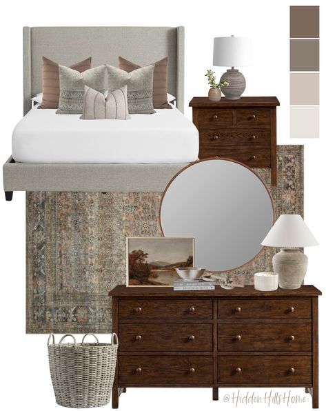 Guest Bedroom Dark Grey Headboard, Gray Wood Bed Frame Bedroom Ideas, Neutral Bedroom Decor Dark Wood, Guest Bedroom Ideas Brown Furniture, Dark Brown Wood Furniture Bedroom, Gray And Wood Bedroom Ideas, Bedroom With Dark Brown Furniture, Gray Upholstered Bed Decor Ideas, Dark Wood Bed Frame Room Ideas