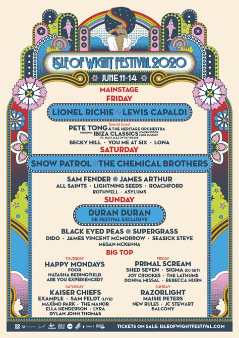 Isle of Wight Festival 2020 Music Festivals, Festival Posters, Uk Festivals, The Chemical Brothers, Isle Of Wight Festival, Snow Patrol, James Arthur, Festival Poster, Lionel Richie