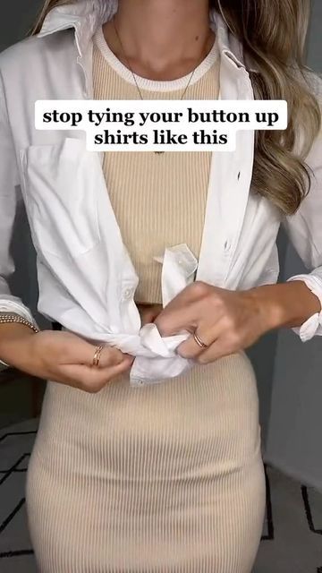 Jessica Smith on Instagram: "Follow @reefrainaria for daily amazon finds. Counting down your favorite style tips from 2022. This shirt tying hack was number 3. #stylereel #stylehack Shirt knot hack, how to tie a button down shirt. #shirtknothack #fashionhacks #fashionhack #buttondownshirt #styletip #stylehacks" Shirt Knot Hack, Tie A Button Down Shirt, Shirt Around Waist, How To Tie A Shirt Knot, How To Tie A Shirt, Shirt Over Dress, Tie A Shirt, Shirt Knot, Summer Outfits Men Streetwear