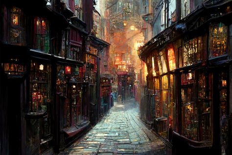 Magical Street Illustration Print Illustration Wall Art Art - Etsy Bonito, Diagon Alley Painting, Diagon Alley Illustration, Alley Illustration, Desktop Wallpaper Harry Potter, Street Illustration, Hogsmeade Village, Harry Potter Art Drawings, Fairytale Photography