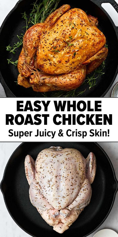 Easy whole roast chicken recipe Oven Baked Whole Chicken, Whole Chicken In Oven, Whole Chicken Recipes Oven, Baked Whole Chicken Recipes, Oven Roasted Whole Chicken, Whole Roast Chicken Recipe, Whole Roast Chicken, Roasting Chicken, Whole Baked Chicken