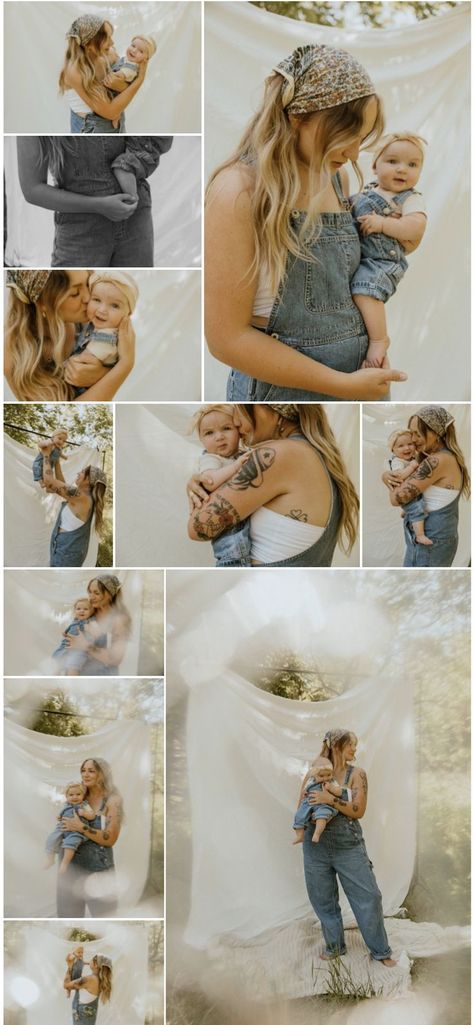 This sweet Iowa mama and babe motherhood session perfectly styled in thrifted overalls and a white sheet. Simple, and perfect. Mother Day Photoshoot, Mother Day Photoshoot Mini Sessions, Motherhood Session, Mother Daughter Photoshoot, Boho Mother, Mini Photo Sessions, Mommy And Me Photo Shoot, Spring Photoshoot, Mama And Baby