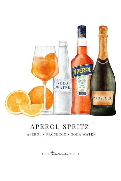 Aperol Spritz recipe ingredients food & drink watercolour illustration by Victoria Massey | @thetoriaedit Valencia, Drink Recipe Poster, Cocktail Recipe Design, Aperol Spritz Invitation, Aperol Spritz Graphic, Aperol Spritz Drawing, Prosecco Illustration, Aperol Spritz Illustration, Watercolour Cocktails