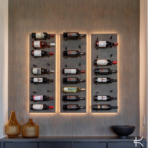 Wood Panel Lighting, Modern Wall Wine Rack, Wine Wall Display, Wine Storage Wall, Wine Bottle Wall, Home Bar Rooms, Led Tape Lighting, Metal Wine Rack, Textured Panels