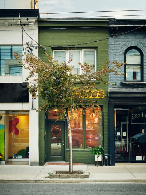 Green Shop Exterior, Green Brick Exterior, Cafe Interior Vintage, Boutique Exterior, Toronto Cafe, Wine Shop Interior, Taylor Hall, Retro Boutique, Green Facade