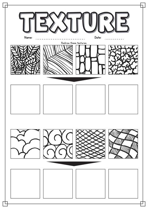 Drawing Texture Worksheet Croquis, Drawing Basics Learning, Texture Worksheet, Elements Of Art Texture, Education Drawing, Drawing Texture, Drawing Basics, Ink Drawing Techniques, Perimeter Worksheets