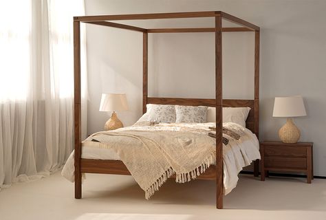 Four Poster 4 Post Bed, Wooden Canopy Bed, Mid Century Modern Bedroom Furniture, Modern Bedroom Furniture Sets, Wood Canopy Bed, Queen Canopy Bed, Natural Bed, Mid Century Modern Bed, Walnut Bed